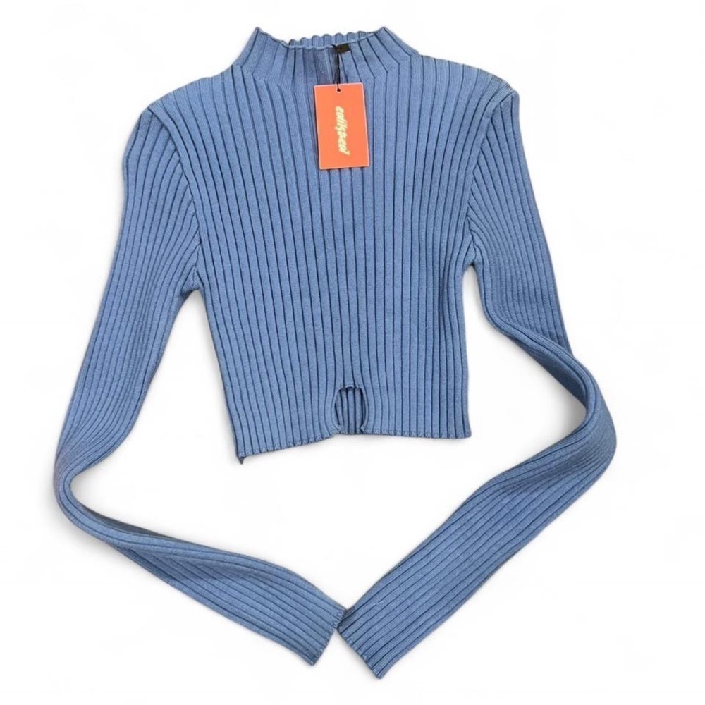 Edikted Blue Ribbed Knit Cropped Sweater Top